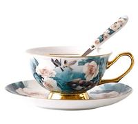 Eplze YBK Tech Ensemble Tasse et Soucoupe de Style Européen en Porcelaine Anglaise pour Petit déjeuner, Maison, Cuisine, Motifs Oiseaux et Fleurs de Camélia (Turquoise)