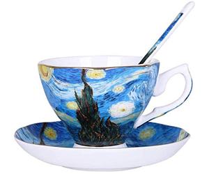 Eplze YBK Tech Ensemble tasse et soucoupe en porcelaine anglaise 200 ml - Design inspiré des peintures de Van Gogh (Nuit étoilée)