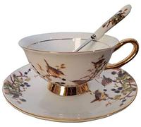 Eplze YBK Tech Ensemble tasse et soucoupe style européen en porcelaine anglaise pour petit déjeuner, maison, cuisine, motifs oiseaux et arbres (blanc)