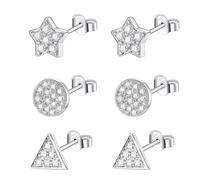 Epoch World 3 Paires Boucles d'oreilles en Argent Sterling 925 Petite Boucles d'Oreilles Argent Femme Boucles d'Oreilles Étoile Ronde Clous d'oreilles CZ Pour Femme Filles