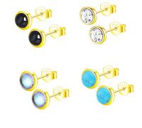 Epoch World 4 Paires Boucles D'oreilles en Argent 925 Avec Pierre de Lune Turquoise Noires Gemme Petites Boucles D'oreilles Argent Clous d'oreilles Rondes Hypoallergéniques Pour Femme Fille (Or)