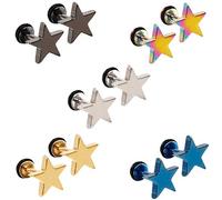 Epoch World 5 Paires Acier Inoxydable Boucles d'Oreilles pour Homme Femme Unisexe Fille, Boucle d Oreille Femme Or Noir, Boucle d'Oreille Etoile Argent,Clou d’Oreilles Piercing 8MM