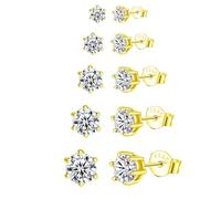Epoch World 5 Paires Boucles d'Oreilles Argent 925 avec Zircones Cubiques Boucles d'Oreilles Or Femme Rondes Hypoallergéniques Clous D'oreilles Or pour Femme Fille Homme Piercing Multiple