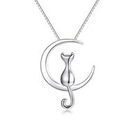 Epoch World Collier Femme en Argent 925 Fille Collier Lune Chat Pendentif Chat Lune Argent 925 40+5CM