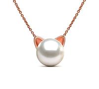Epoch World Collier Perle pour Femme Fille en Argent 925 Or Rose, Pendentif Perle de Culture 10MM, Collier Femme Chat, Pendentif Chat 40+5CM