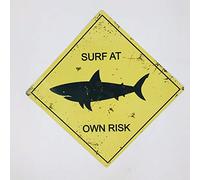 EpochSign Plaque métallique carrée en métal « Surf at Own Risk » - Motif Requin Jaune Vieilli - 30,5 x 30,5 cm