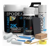 EPODEX PEINTURE CARRELAGE 2K - avec accessoires pour salle de bain, cuisine & plus | Pour carrelage sol & mur | Peinture époxy noir, blanc, gris, beige & plus | 1,8 kg (7 m² pour 2 couches)
