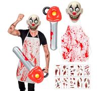 Epokus Costume de Clown Tueur en Série, Costumes Boucher Hommes d'halloween, Masque de Clown Horreur, Tablier Autocollant Sanglant, Tronçonneuse Gonflable pour Halloween Carnaval Effrayant Cosplay