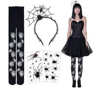 Epokus Lot de 3 costumes d'araignée pour femme, collants en toile d'araignée, bandeau, tatouages pour le visage d'araignée, costume d'Halloween et carnaval