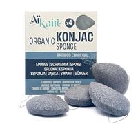 Eponge de Konjac Bio pour le visage associé au charbon actif | Lot de 4 éponges en forme de gouttes | Eponge exfoliante végétale naturelle nettoyante