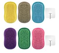 Éponges à récurer, 6 pièces avec 2 crochets, tampons à récurer de cuisine en microfibre, éponges double face, tampons à récurer, lavables, réutilisables