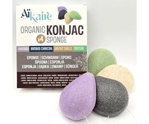 Eponges de Konjac Bio visage associées au thé vert, charbon, à la lavande et aux coques de noix | Lot de 4 éponges en forme de gouttes | Eponge exfoliante végétale naturelle nettoyante