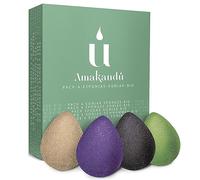 Éponges Visage Konjac Bio - Nettoyage et Exfoliation Doux Visage - Lot de 4 éponges gouttelettes : thé vert, charbon, lavande et coques de noix - Amakandu