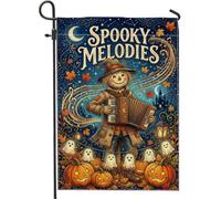 Épouvantail musical automne Halloween citation drapeau jardin 30,5 x 45,7 | Joueur d'accordéon, drapeau de pelouse, feuilles d'automne, jack-o'-lanternes, guirlande lumineuse fantôme, nuit étoilée