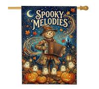 Épouvantail musical automne Halloween citation drapeau maison 71,1 x 101,6 | Joueur d'accordéon, drapeau de pelouse, feuilles d'automne, jack-o'-lanternes, guirlande lumineuse fantôme, nuit étoilée
