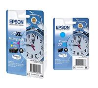 Epson C13T27154010 T2715 Cartouche d'encre 27XL réveil, Multi-Pack, 3 pièces, Cyan/Magenta/Jaune & C13T27124022 Cartouche d'encre Compatible avec Imprimante Workforce XL Cyan