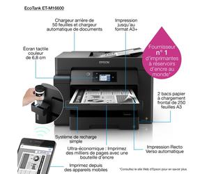 Epson - EcoTank Mono ET-M16600 - Multifonctions, impression, copie, scan, noir et blanc, jet d’encre, A3, recto verso en impression, copie, scan, chargeur RADF, 25 ppm