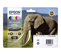 Epson Multipack 24XL Eléphant, Cartouches d'encre d'origine XL Haute capacité, 6 couleurs: Noir, Cyan, Magenta, Jaune, Cyan clair, Magenta clair, XP-55 XP-750 XP-760 XP-850 XP-860 XP-950 XP-960 XP-970