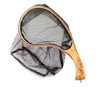 Épuisette légère pour pêche à la mouche fabriquée à partir de bois de camphre doré avec maille noire douce qui empêche les enchevêtrements de hameçon, parfait pour les voyages de pêche en eau douce