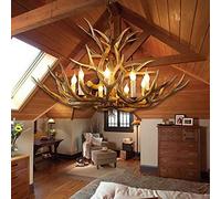 EQEEN Antler Lustre 8 Lumière, Antler Lustre Éclairage Double Couche Ferme Deer Antler Lustre Résine Corne De Cerf Pendentif Lumières pour Salon Salle À Manger (Marron 14 Antler)