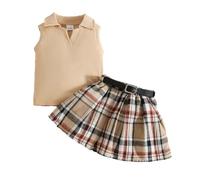 Eqenkely 3Pcs Ensemble Bébé Fille Sans Manches Haut Tops + Elegante Mini Jupe à Carreaux + Ceinture 3 Pièces Rode Été Vêtements Tenues Beige 3 Ans