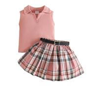 Eqenkely 3Pcs Ensemble Bébé Fille Sans Manches Haut Tops + Elegante Mini Jupe à Carreaux + Ceinture 3 Pièces Rode Été Vêtements Tenues Rose 6-9 Mois