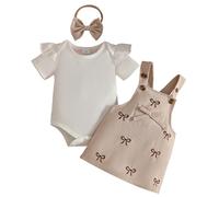 Eqenkely 3Pcs Ensemble Nouveau-né Fille Jupe à Bretelles en Velours Côtelé + Barboteuse Rayé/Uni Tops + Bandeau Jolie Vêtements été 0-24 Mois Beige 6-12 Mois