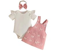 Eqenkely 3Pcs Ensemble Nouveau-né Fille Jupe à Bretelles en Velours Côtelé + Barboteuse Rayé/Uni Tops + Bandeau Jolie Vêtements été 0-24 Mois Rose 12-18 Mois