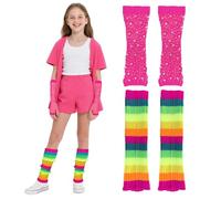 EQLEF Accessoire Fluo Enfant, Réchauffeurs de Jambes en Néon Rétro et Gants de Filet de Poisson Scintillants Enfants pour la Fête à Thème Des Années 1980 (Arc-en-ciel)