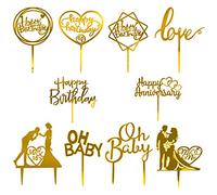 EQLEF Gâteau Topper, Joyeux Anniversaire Décorations de Gâteau Cupcake Toppers Or pour Anniversaire de Mariage Anniversaire Bébé Douche Thème Gâteau (10 pièces)