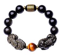 EQQHJL Bracelet de Richesse en Obsidienne Noire, Bracelet en Obsidienne, Bracelets Perles d'œil de Tigre Double Piyao, Bracelet énergétique dorée Naturelle et Noire, réglable(Black Obsidian-,14mm)