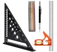 Équerre de charpentier 180 mm, équerre de charpentier avec niveau à bulle et crayon de chantier pour tracer, mesurer, marquer
