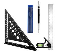 Equerre Menuisier 185 mm, Règle d'Angle Combinée Aluminium 300 mm, Crayon Chantier avec 12 Mines pour Tracé Mesure Marquage Travail Du Bois