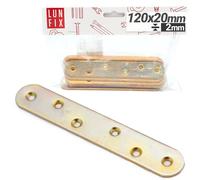 Equerre plate metal 120x20x2,0 mm, 5 pièces, fixation meuble bois metal, plaque perforée acier galvanisé, pattes d’assemblage plates, support droit renfort connexion meubles, Lun Fix