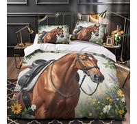 Equestrian Cheval Ensemble De Literie Microfibre Résistante 3D Imprimé 3 Pièces 2 Taies Douce istic Equine Portrait Housse de Couette Super Douce Léger for Garçons Adolescents Single（135x200cm）