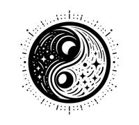 équilibre cosmique céleste yin yang représenté avec des étoiles, des lunes et une bordure en pointillés Stickers gravés 42x44.4cm Étanche Noir
