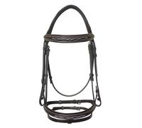 Equine Care Bride de cheval anglais avec rênes - Coutures fantaisie, couronne et muserolle confortables rembourrées, cuir tanné végétal, raccords en acier inoxydable, pull de chasseur taille complète
