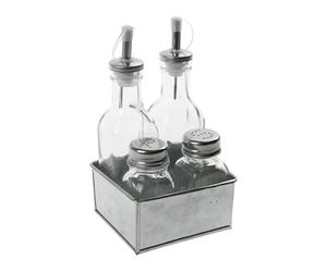 Equinox 529985 Ensemble à Vinaigrette : 1 huilier, 1 vinaigrier, 1 salière, 1 poivrière en Verre Transparent et bouchon en acier inoxydable avec support en zinc. Ensemble 4 pièces pour vinaigrette