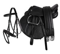 Équipement d’équitation QHP pour poney - Selle en cuir synthétique 13" (33 cm), sangle de selle, étriers + bride combinée, noir, 33 cm (13")