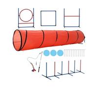 Équipement d'agilité pour chien, comprend un jouet flirt, 3 disques volants, 1 tunnel d'agilité, 2 sauts, 6 poteaux tissés, une boîte de pause