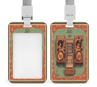 Équipement de musique jazz avec fond vintage - Porte-badge transparent avec lanière amovible - Pochette verticale en plastique rigide pour sécuriser les cartes d'identité de travail, cartes de crédit