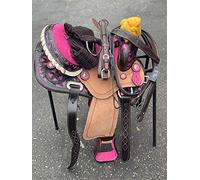 Equipride Selle western avec harnais assorti et sangle de poitrine 100 % cuir Marron/rose Taille 30,5 - 33 - 35,6 cm