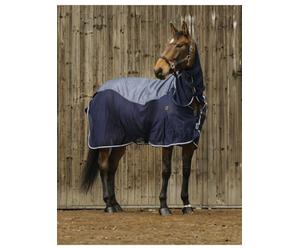 EQUITHÈME Couverture de pluie et anti-mouches avec col 420D | Couverture pour cheval avec maille, sangles croisées, lacets de jambe et rabat de queue | Couverture de pluie imperméable en bleu marine |