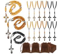 Equsion Lot de 12 chapelets catholiques en bois sculpté avec croix de Jésus et notre père avec pochette cadeau en velours pour baptême (multicolore)