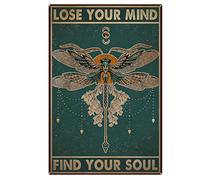 EQVAL Décoration murale vintage « Lose Your Mind Find Your Soul » - Libellule - Décoration murale hippie - Phases de lune - Impression de lune - Panneau vintage en étain pour salle de bain - 20,3 x