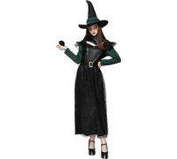 EraSpooky Costume de Sorcière Classique pour Femme Robe Longue Noire et Verte pour Halloween