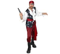 EraSpooky Déguisement de Pirate pour Homme Tenue de Corsaire Rayée Rouge et Noire avec Gilet Crâne Chemise, Ceinture, Bandana et Cache-œil
