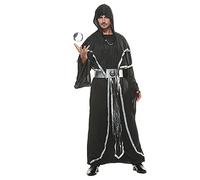 EraSpooky Robe de moine médiéval pour hommes Costume de parrain mystique sorcier à capuche Cape Halloween Cosplay noir argent