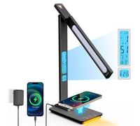 ErayLife Lampe de Bureau LED avec Chargeur sans fil 10W, USB Recharge, Réglable Lampe de Table protection des yeux avec Écran LCD Calendrier, 5 Modes Lumière, 2 Modes Veilleuse, Noir