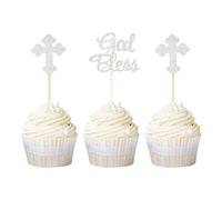Ercadio Lot de 24 décorations pour cupcakes avec inscription God Bless et croix Doré à paillettes pour baptême de bébé Décorations pour cupcakes Small